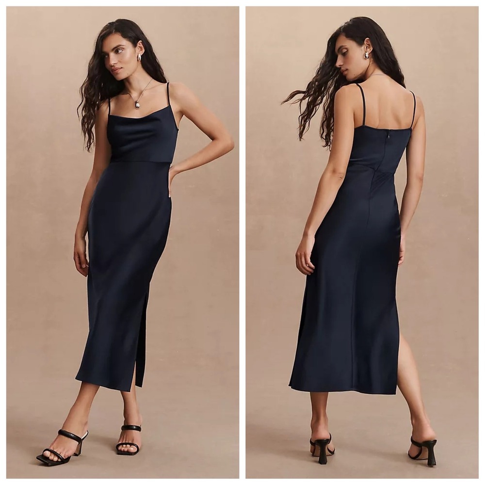 BHLDN Cali Satin Cowl-Neck‎ Midi Slip Dress Size 16 black bridesmaid prom party